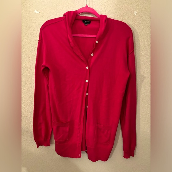 Talbots 100% Pima Cotton Red Raspberry Pink Hooded Cardigan Sweater S - Picture 1 of 7